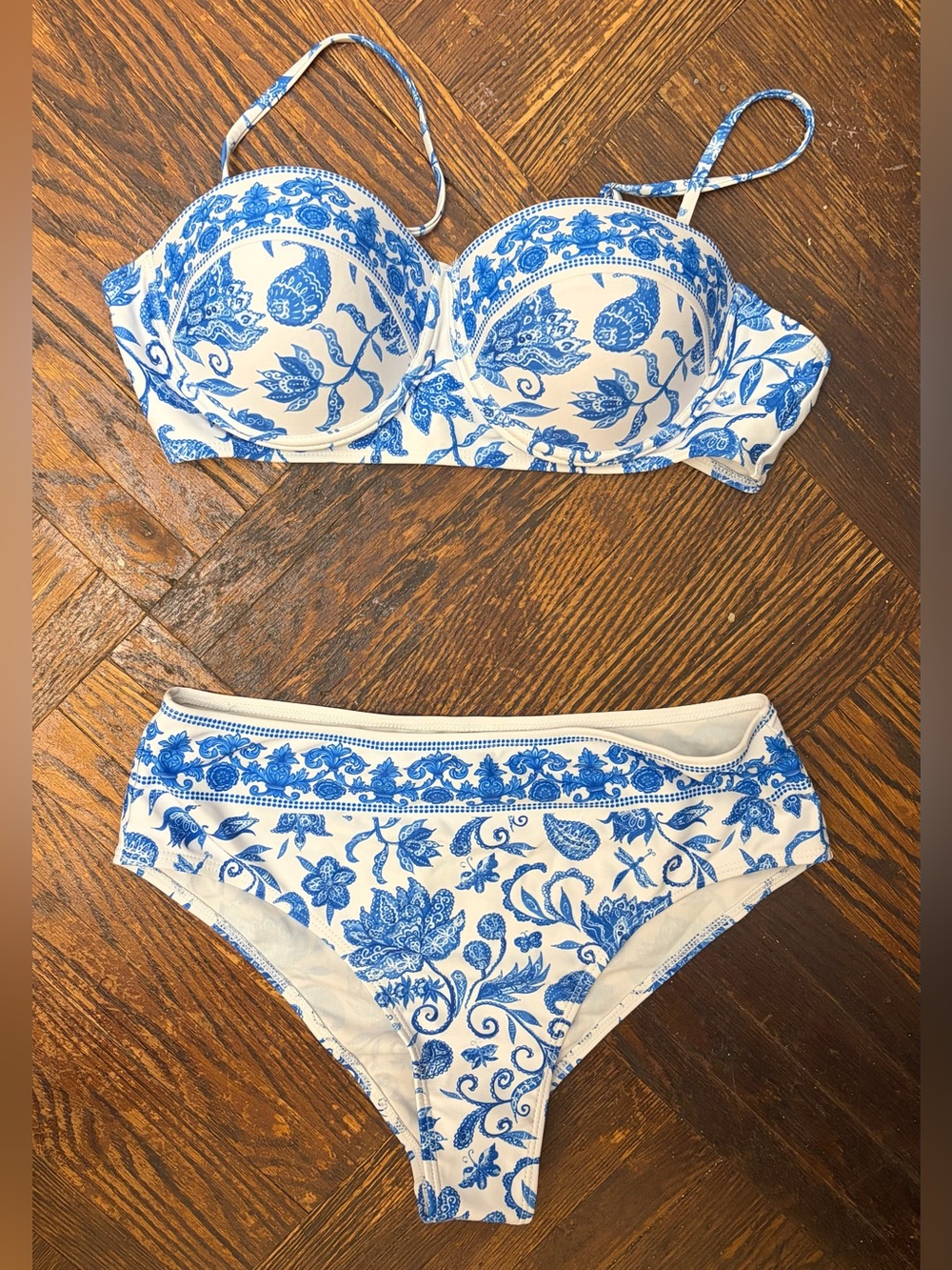 SHEIN White Bikini Set with Blue Floral Print